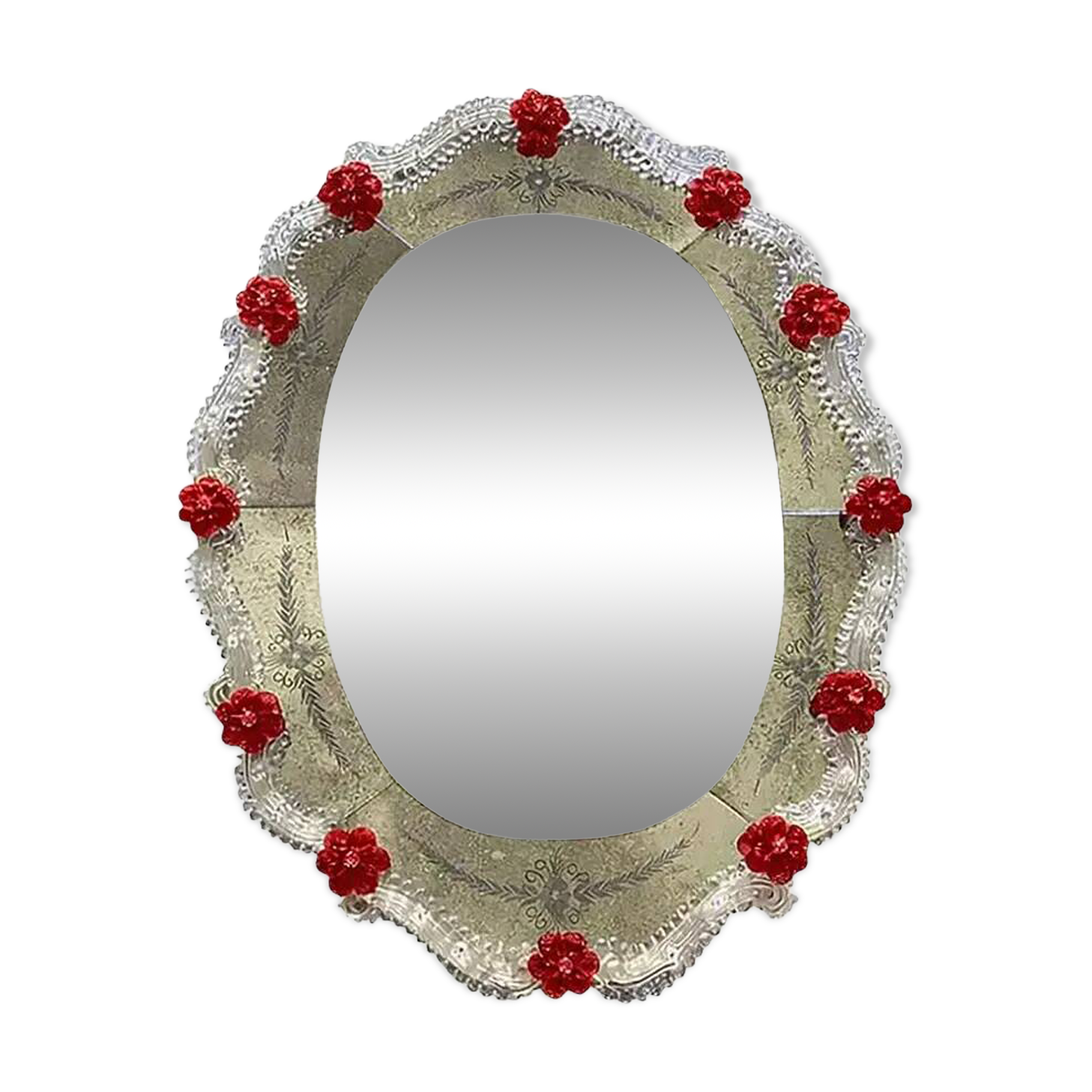 Venetian Murano Glass Oval Red Floral Wall Mirror – Hand-Carved Italian Art