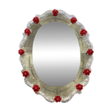 Venetian Murano Glass Oval Red Floral Wall Mirror – Hand-Carved Italian Art