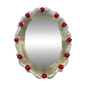 Venetian Murano Glass Oval Red Floral Wall Mirror – Hand-Carved Italian Art