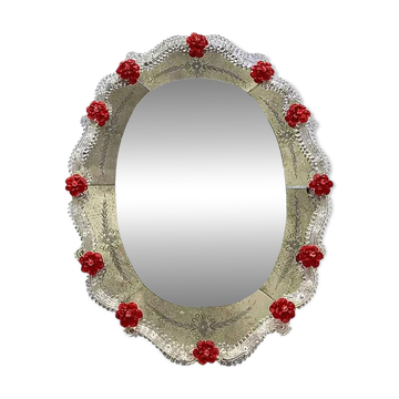Venetian Murano Glass Oval Red Floral Wall Mirror – Hand-Carved Italian Art