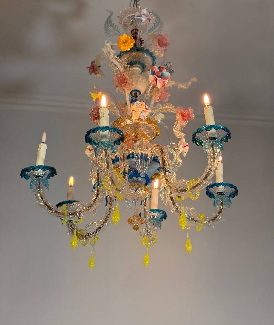 Venetian Rezzonico chandelier in multicoloured Murano glass circa 1900