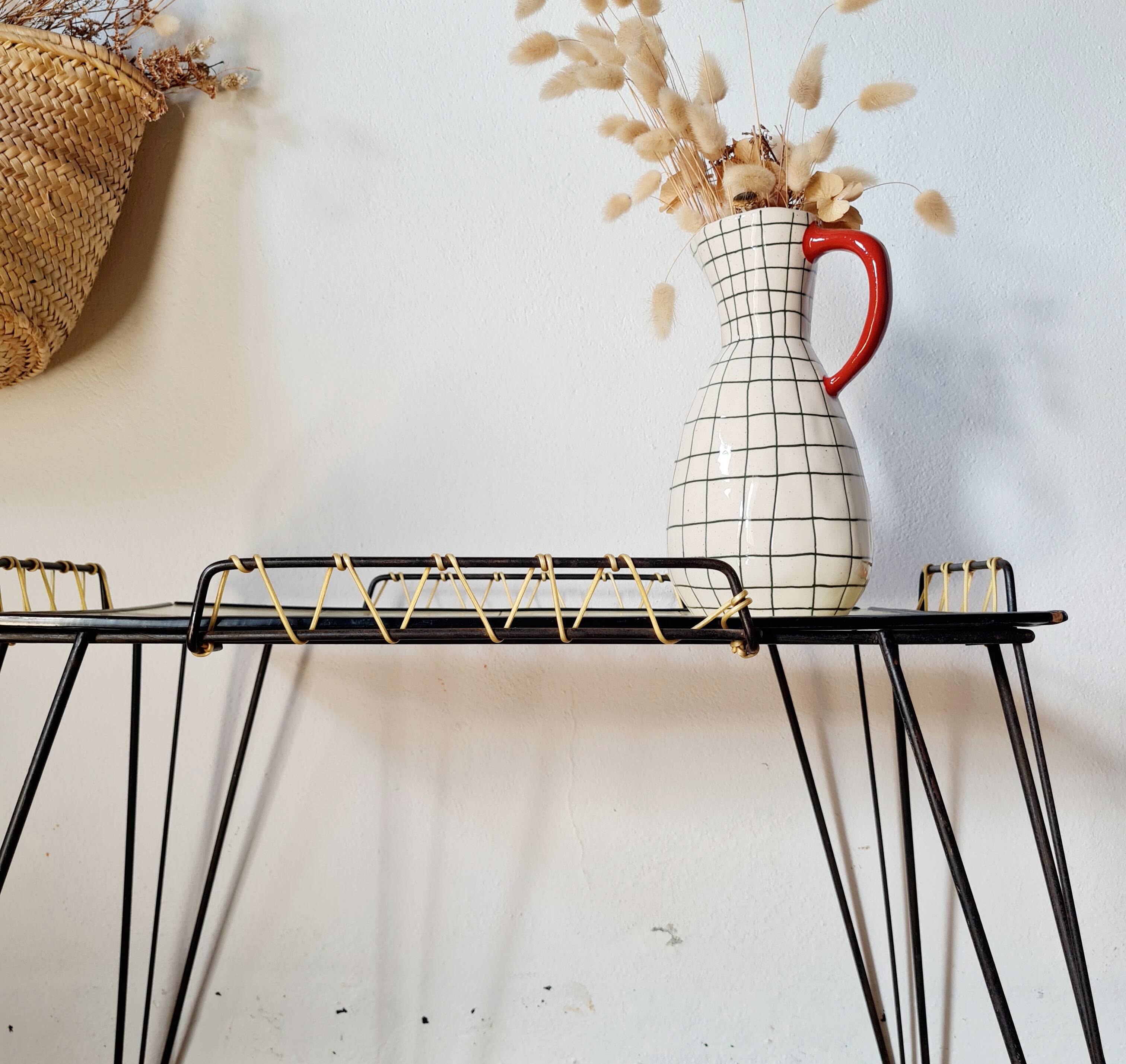 Black metal side table with scoubidou, 1950s