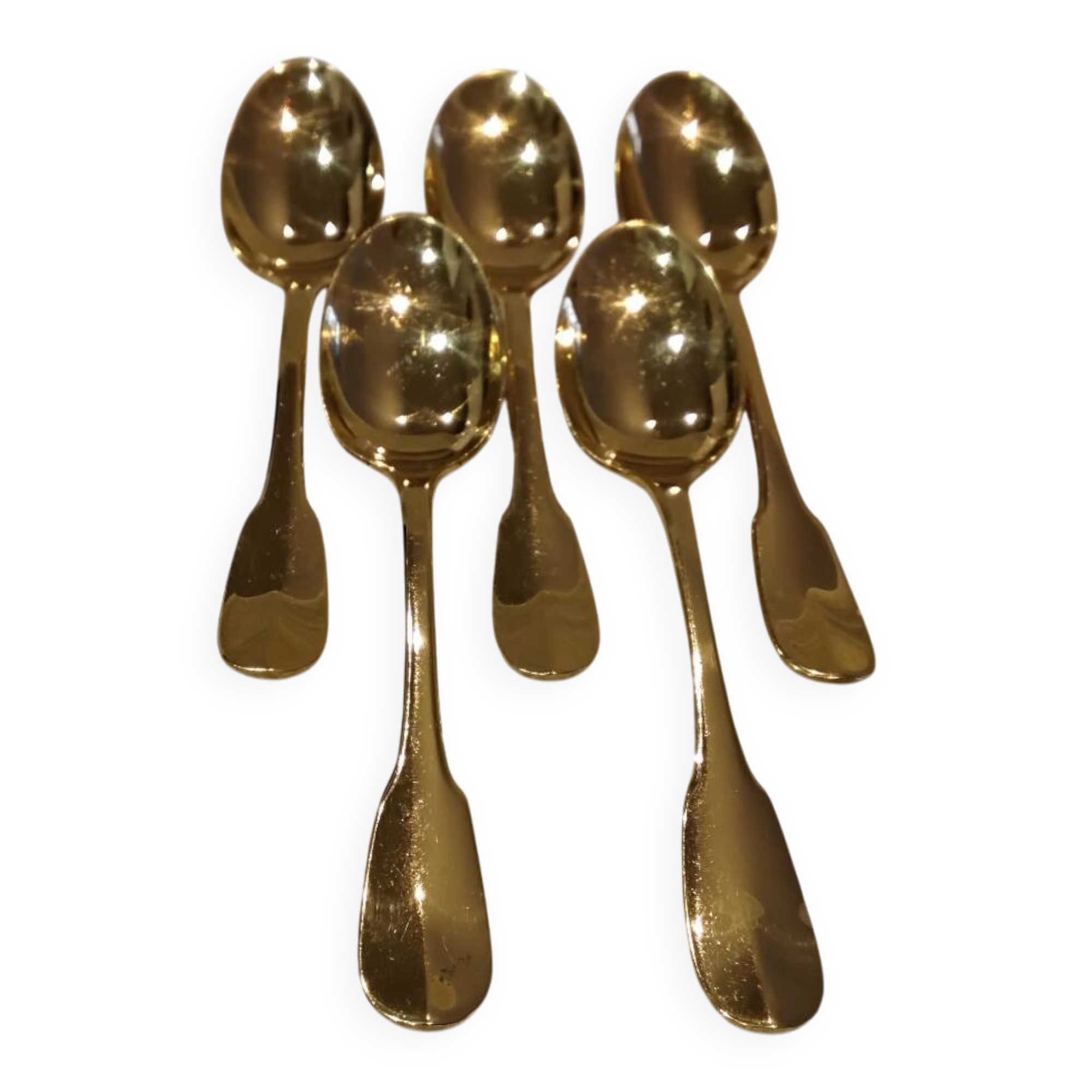 5 gilt metal mocha spoons by Christofle silversmiths, Cluny pattern, 10cm