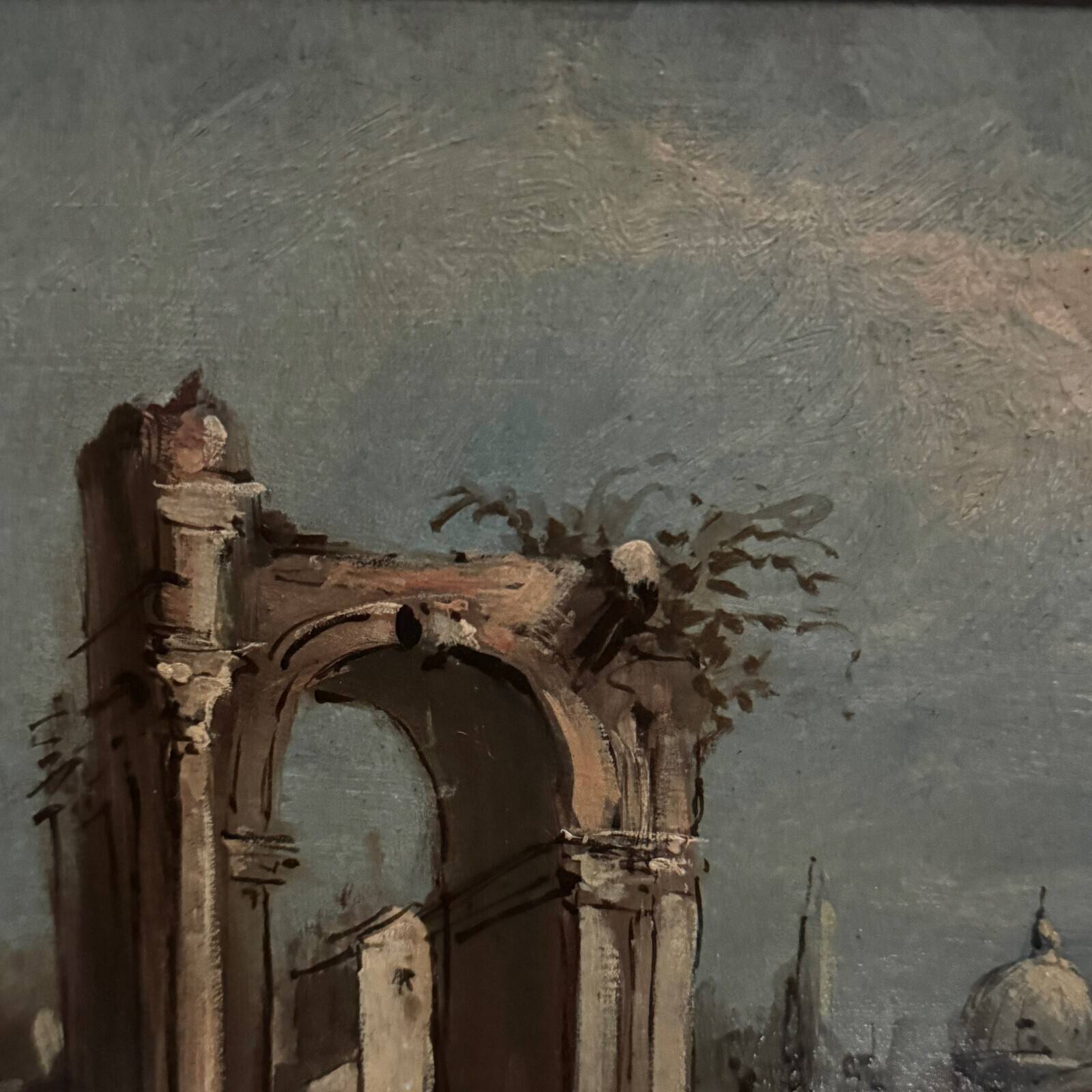 Oil on panel depicting a port from the early 20th century