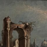 Oil on panel depicting a port from the early 20th century