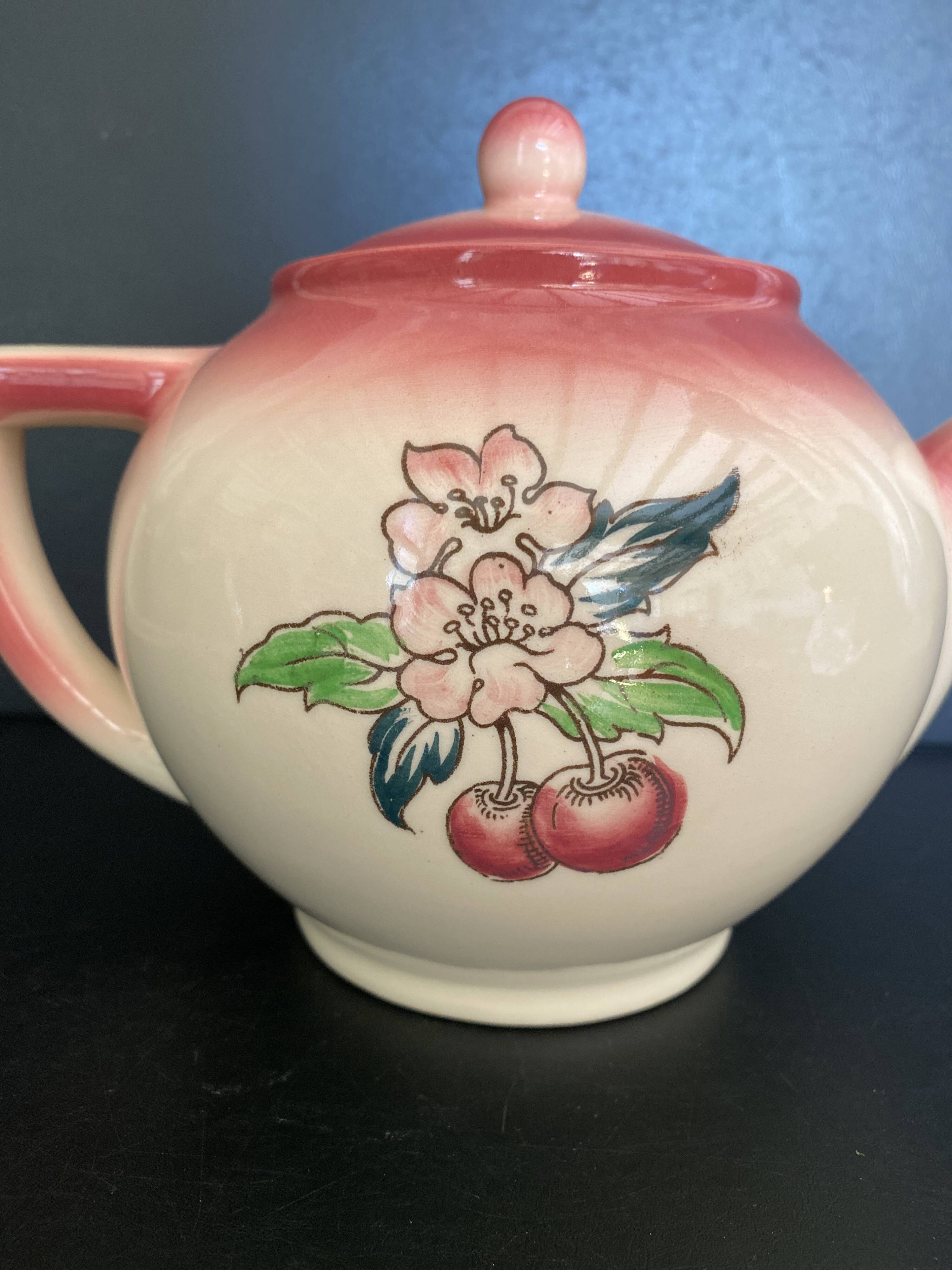 🍒 Magnificent Vintage Longwy Teapot - Cherry Decor - Handmade