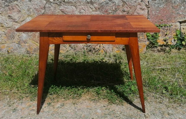 bureau table bois mssif avec tiroirs pieds compas