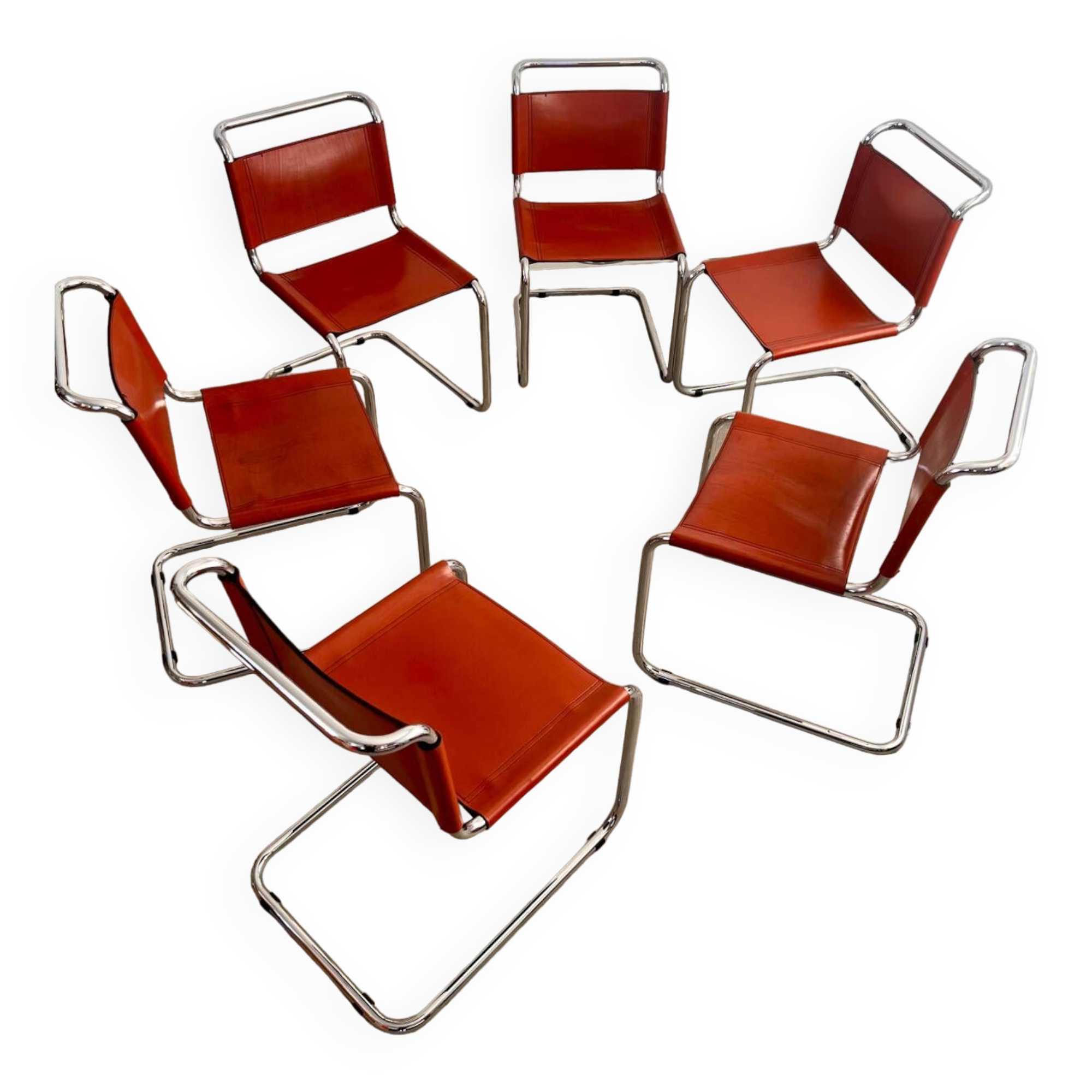 Lot 6 tubular chairs S33 design Mart Stam vintage cognac leather from the 70s