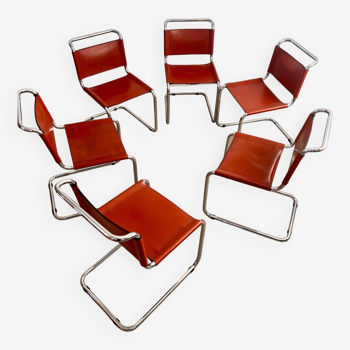 Lot 6 tubular chairs S33 design Mart Stam vintage cognac leather from the 70s