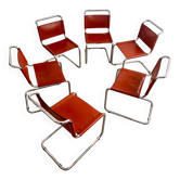 Lot 6 tubular chairs S33 design Mart Stam vintage cognac leather from the 70s