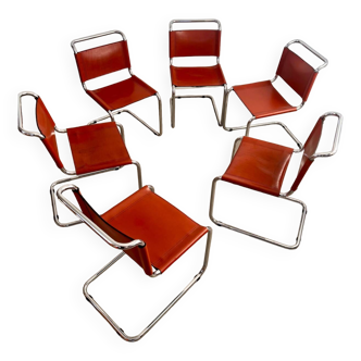 Lot 6 tubular chairs S33 design Mart Stam vintage cognac leather from the 70s