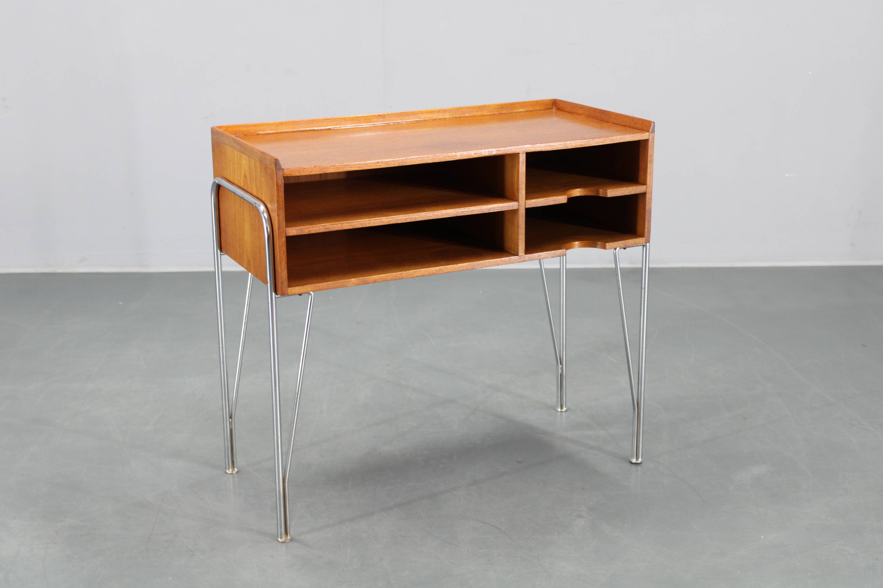 1960s Danish teak shelf cabinet with chrome plated legs