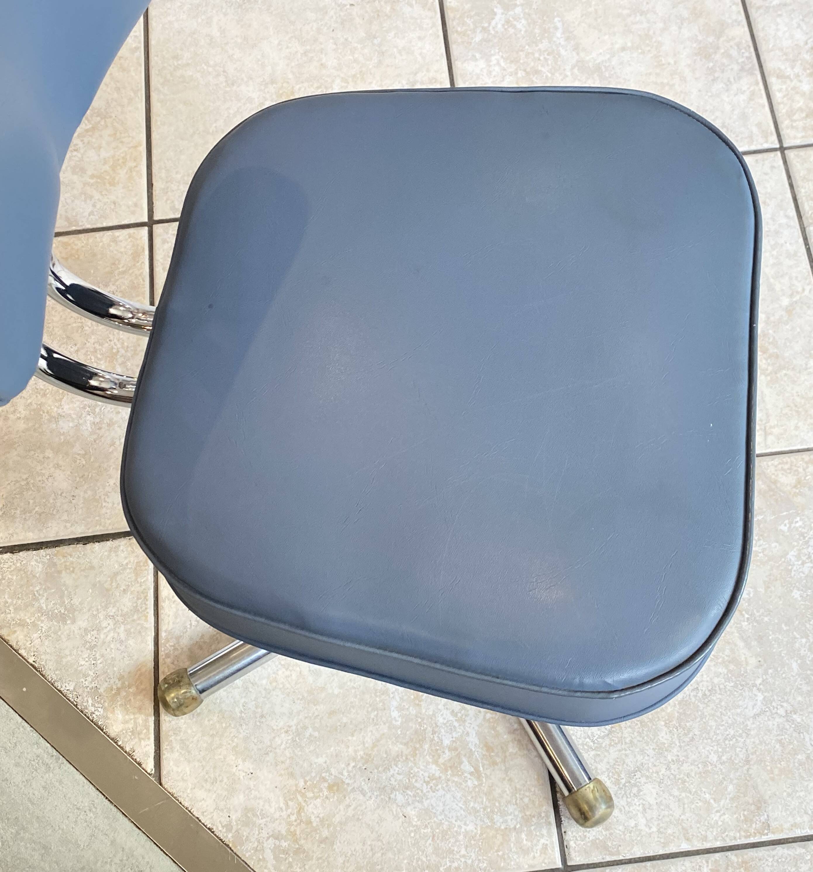 Swivel office chair in Roneo style, grey faux leather with vintage chrome.