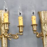 Large pair of Napoleonic gilt bronze empire style wall lights with three candles