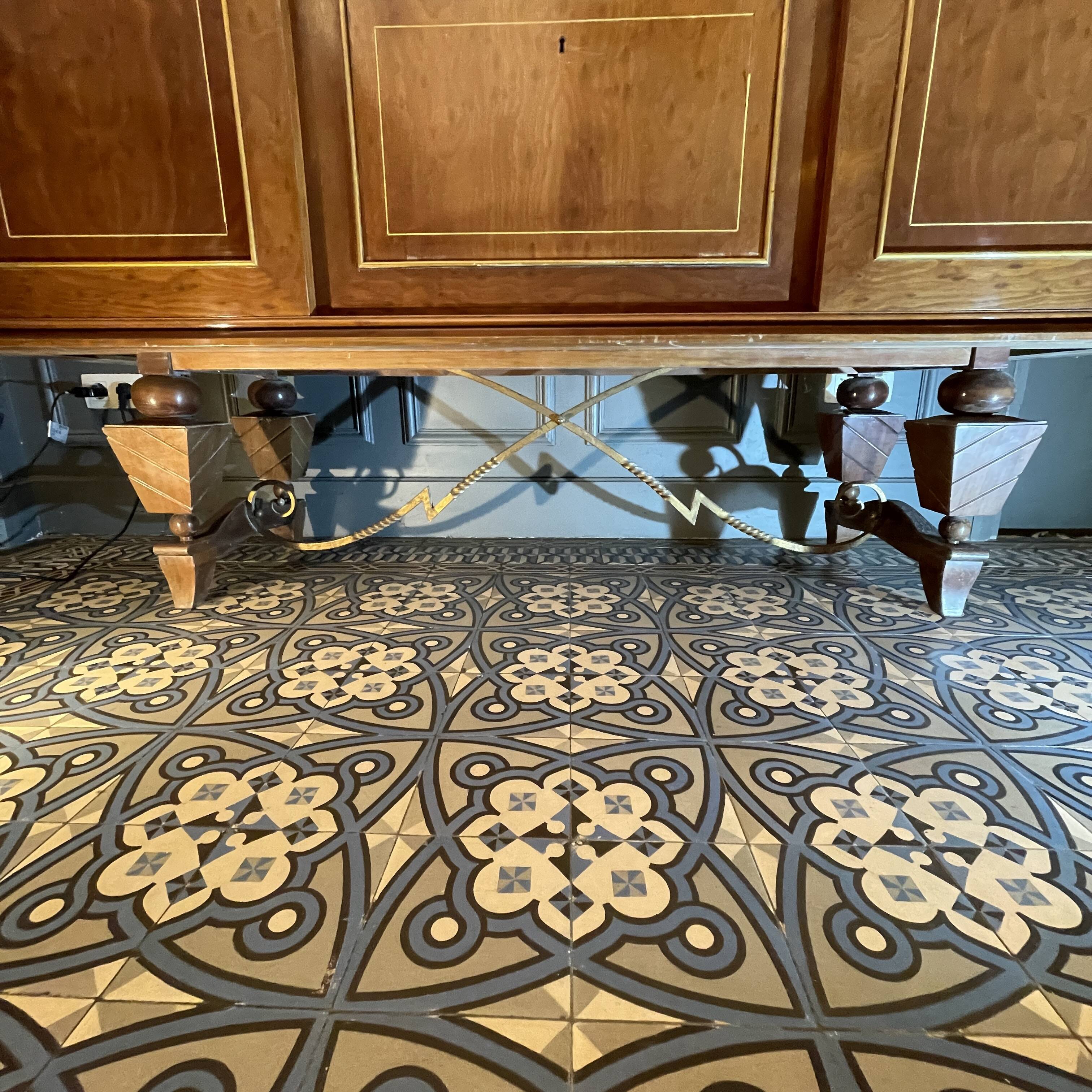 Art Deco sideboard or bar furniture, various veneers, bronze and ironwork, c