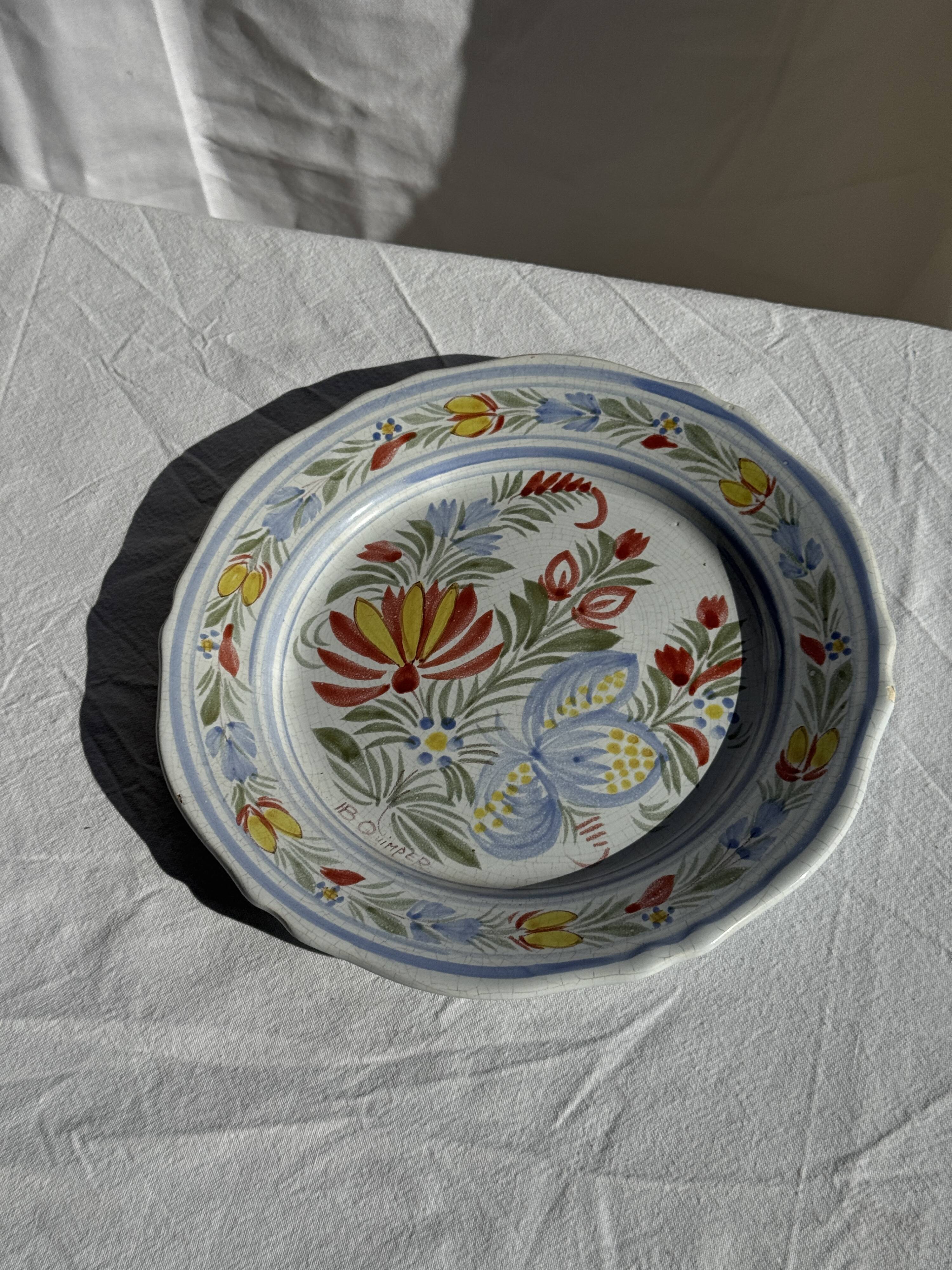 Antique decorative plate IB Quimper with polychrome floral decoration D24