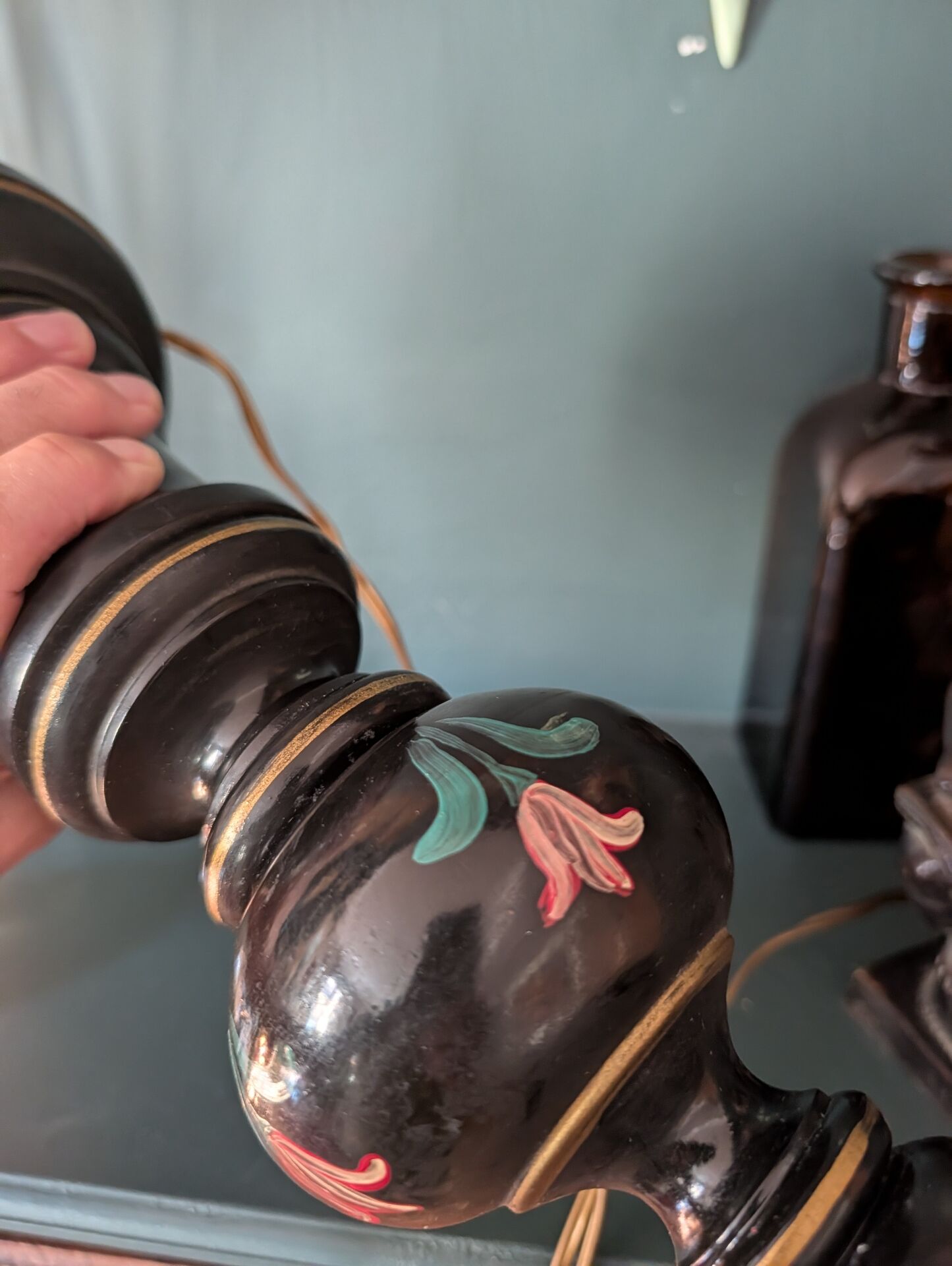 Black turned wooden lamp base – painted floral decoration – 1950s/60s