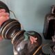 Black turned wooden lamp base – painted floral decoration – 1950s/60s