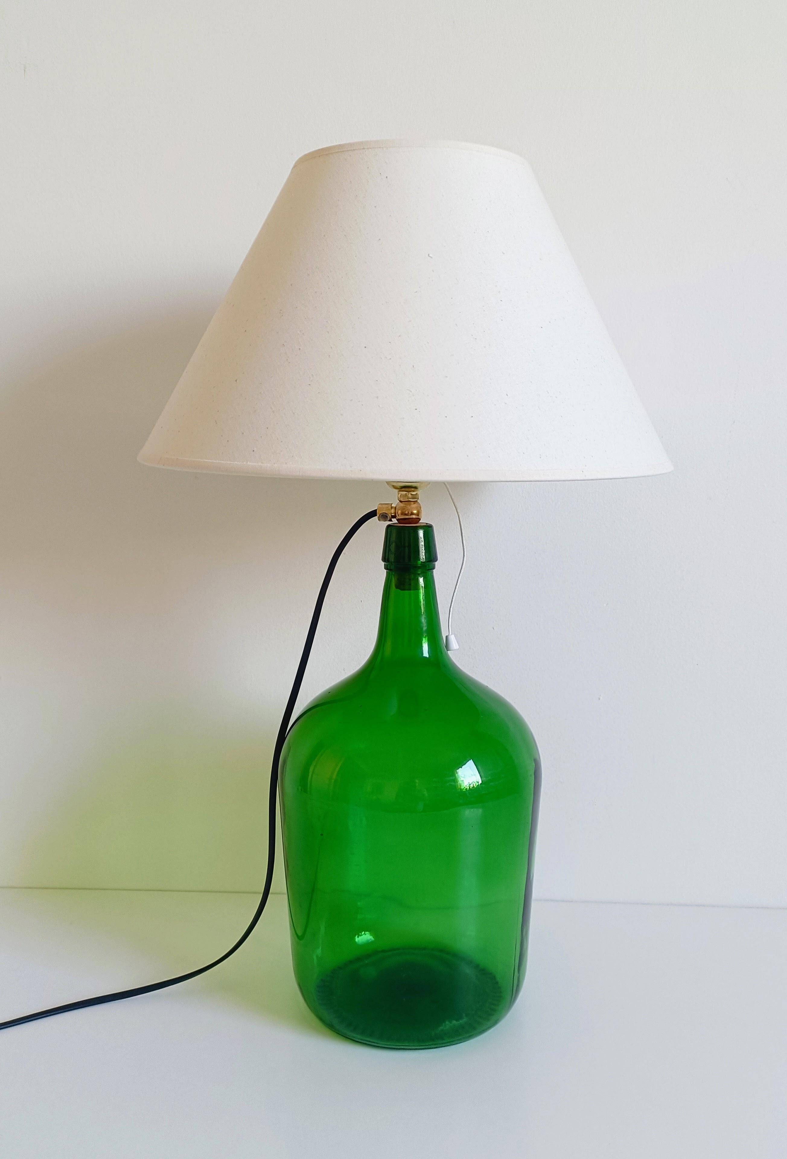 Mid-Century Green Glass Demijohn Table Lamp, Brass Fittings, Contemporary Shade
