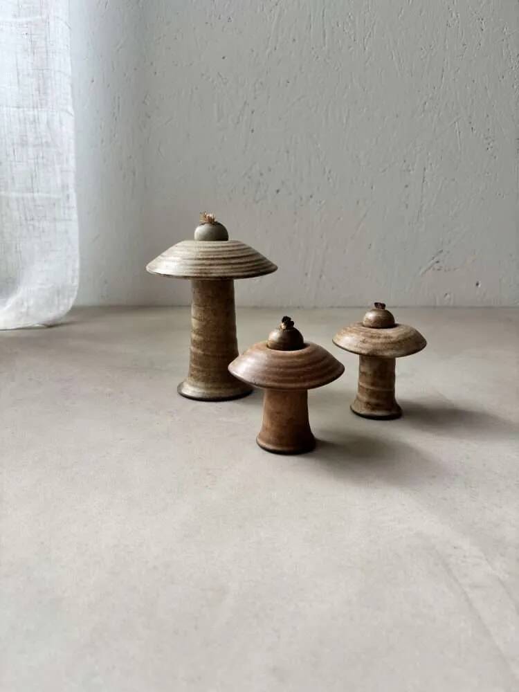 Set of three ceramic mushroom oil lamps by Freek Berends from the 1970s.