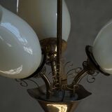 Paavo Tynell for Idman OY, 3-arm chandelier in brass and glass, mid-century, 1940s.