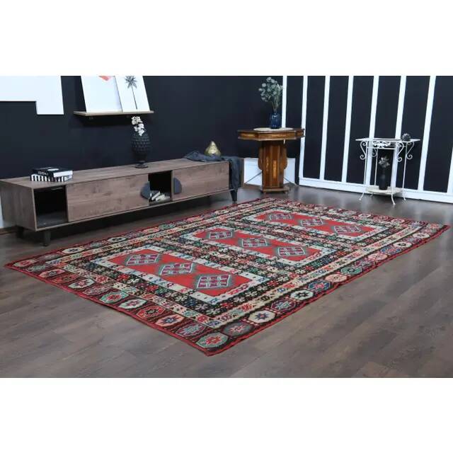 1970s Vintage Turkish Hand-Knotted Wool Cotton Red Area Rug 207x311
