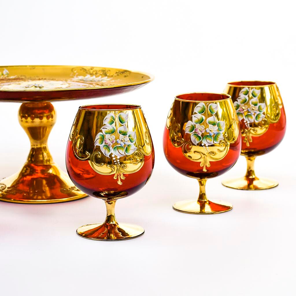 Service 6 glasses and murano dish red ruby gold vintage gold ⋆ Brocante Chic