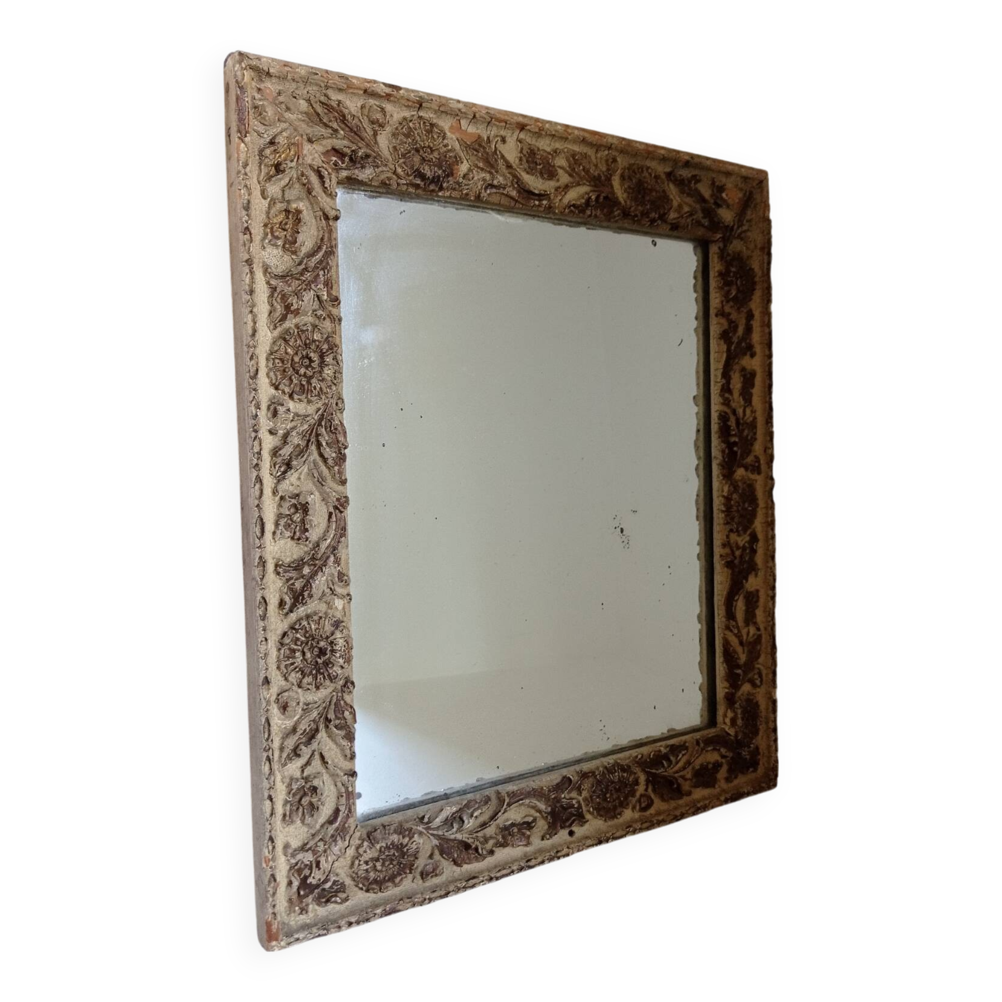 Wood and patinated stucco mirror