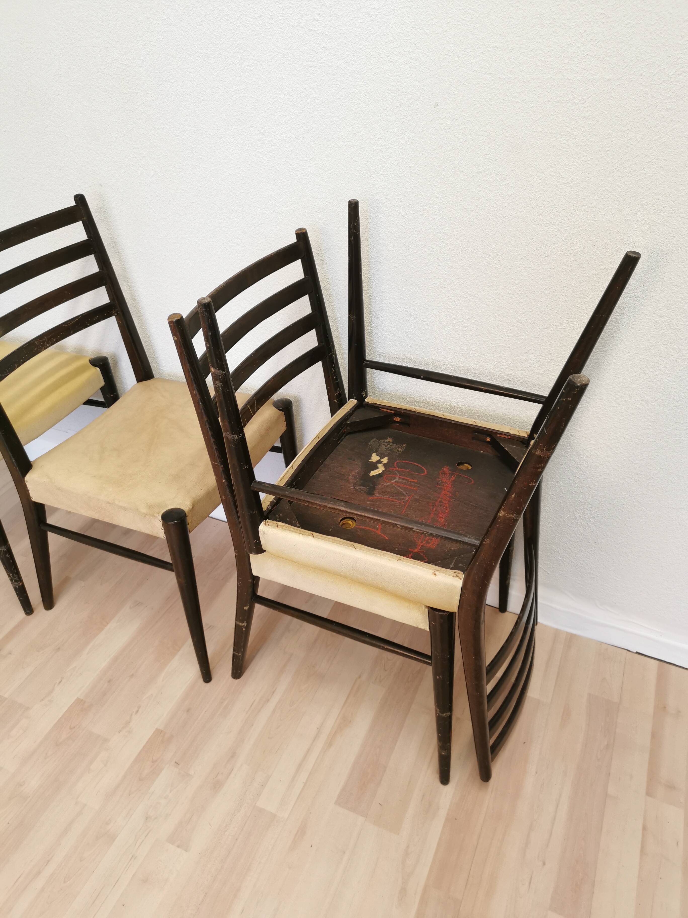Set of 4 Vintage Wooden Dining Chairs: Beige Faux Leather, Mid-Century Retro