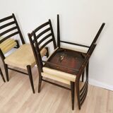Set of 4 Vintage Wooden Dining Chairs: Beige Faux Leather, Mid-Century Retro