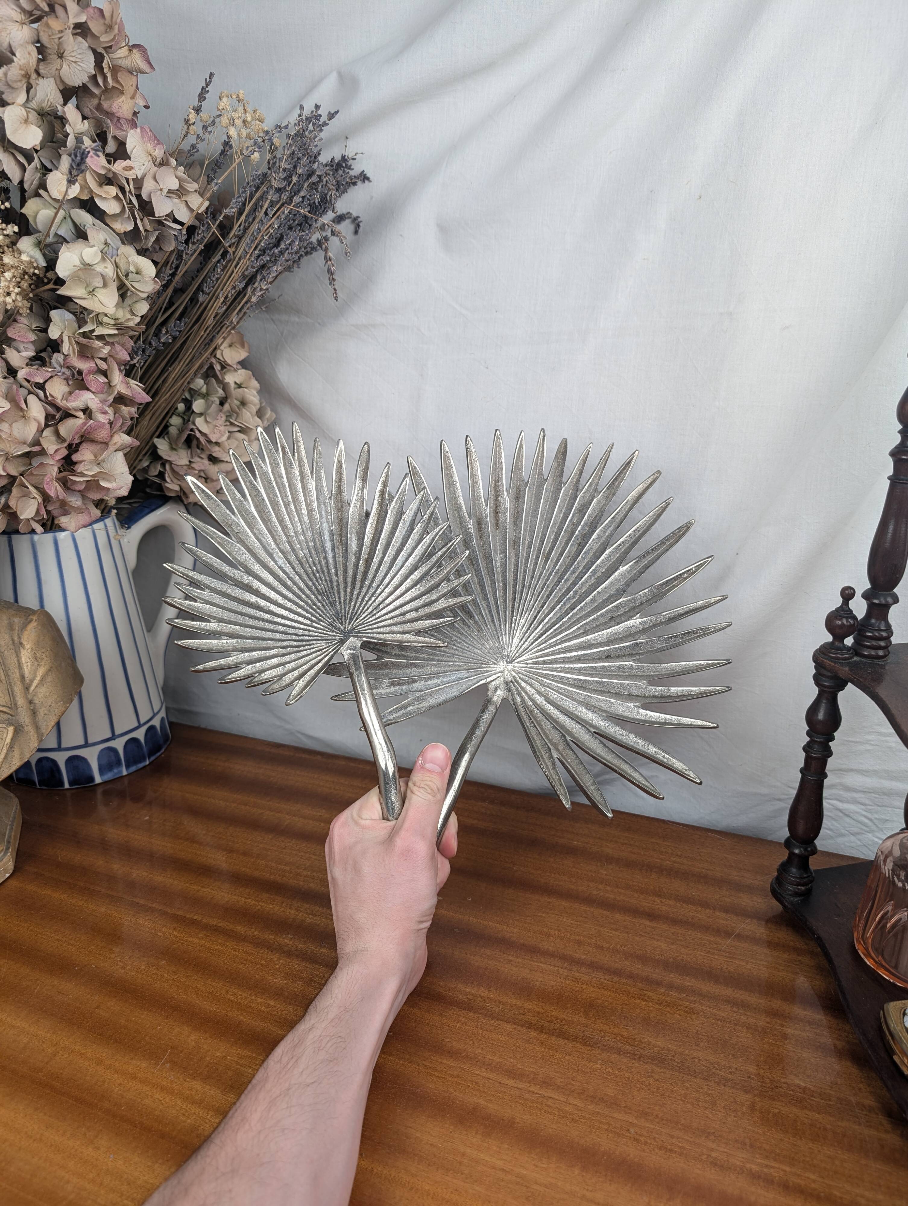 Vintage Two Tier Silver Metal Palm Leaf Fruit Basket