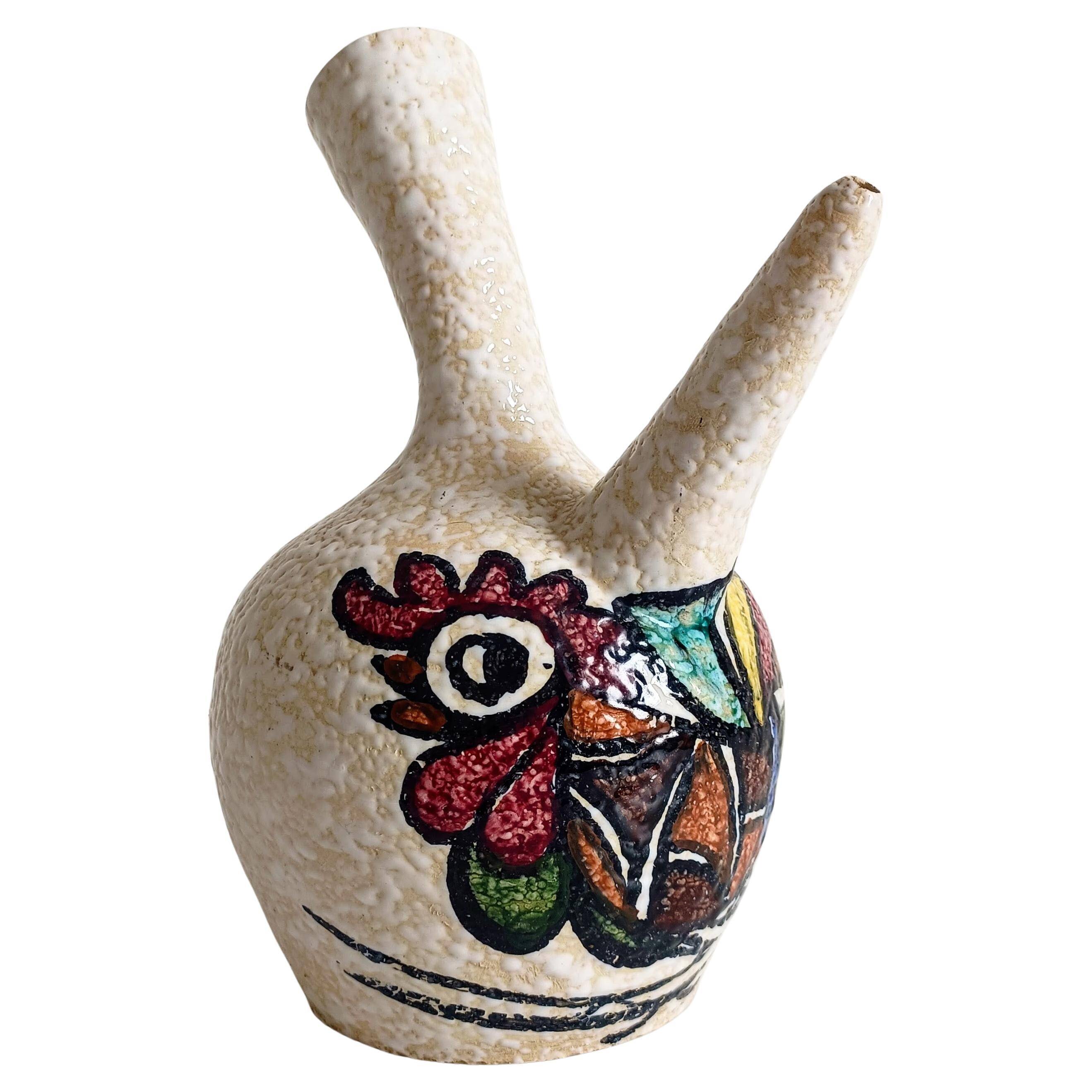 Vintage Spanish Ceramic Porrón, Hand-Painted Rooster, 1960s