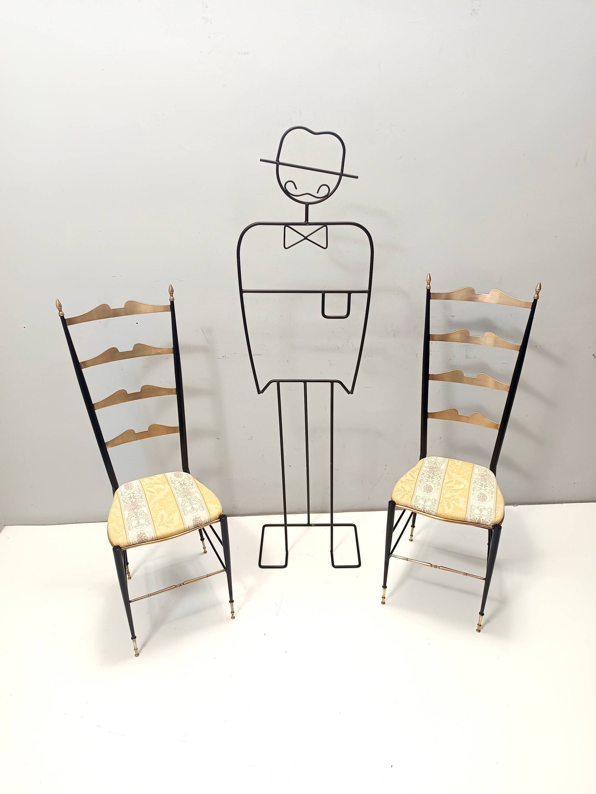 Pair of Vintage Brass and Metal Chiavarine Chairs with Yellow Fabric, Italy