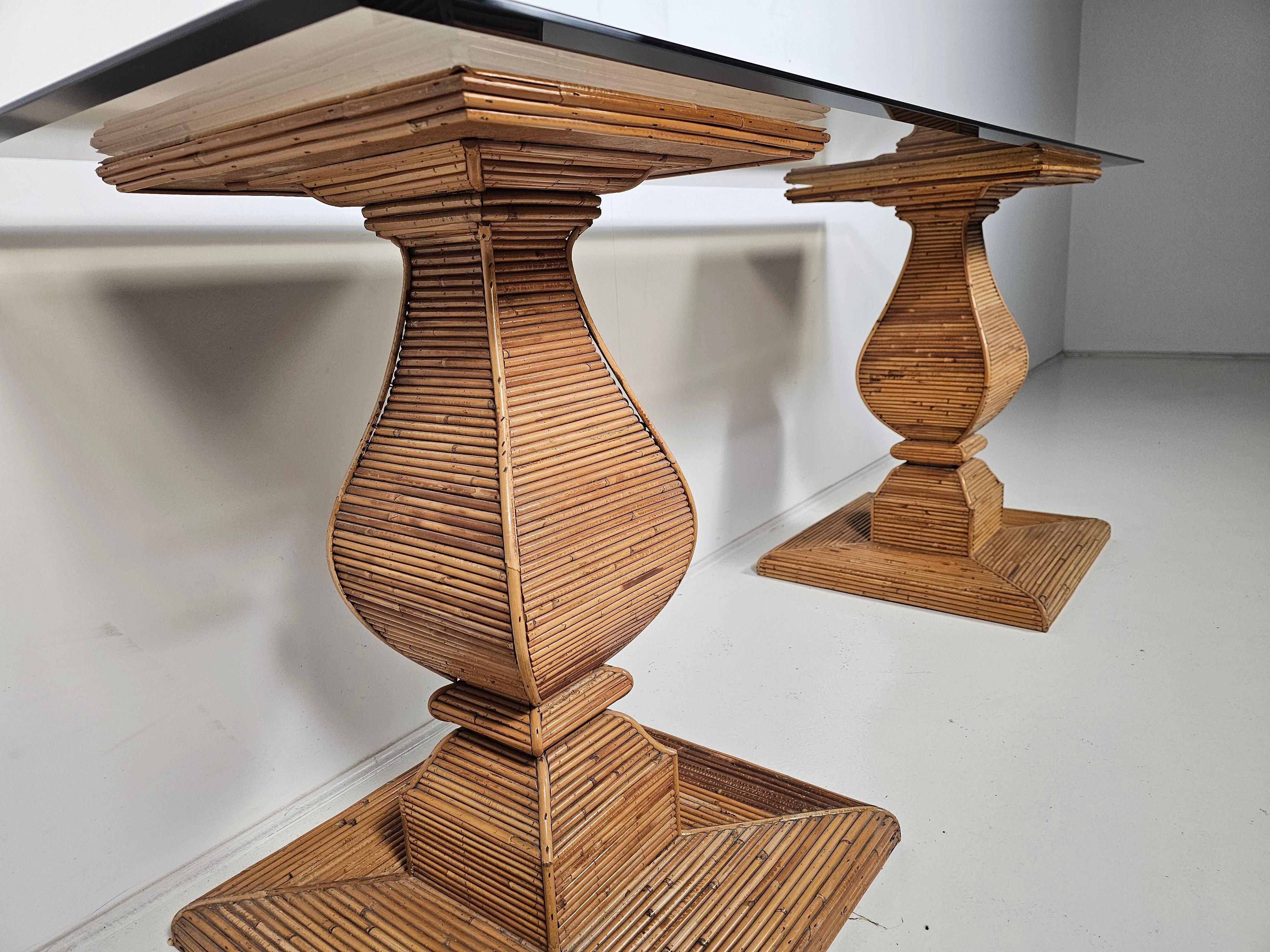 Console table in reed and glass, Italy, 1970.