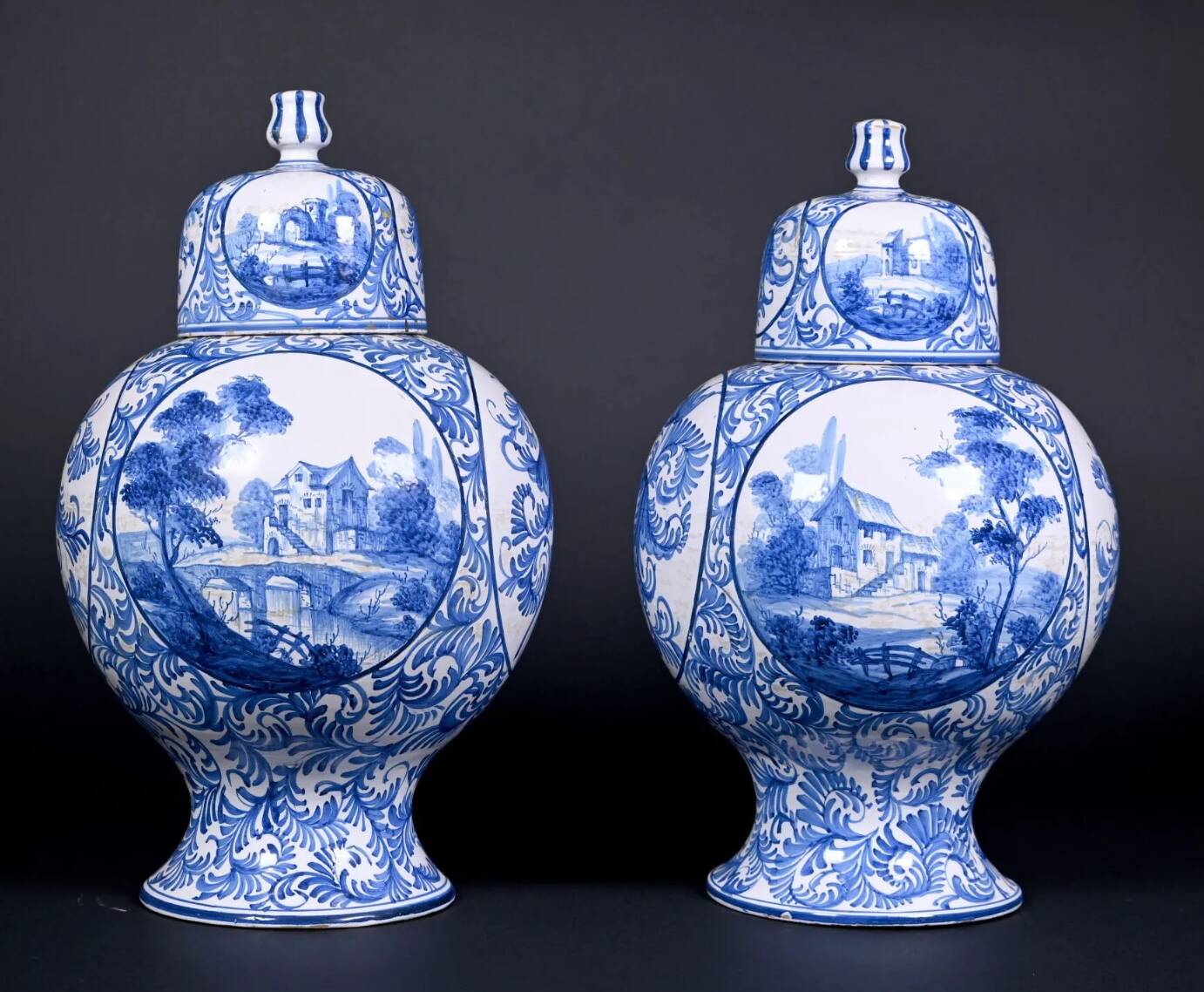 Émile Teissier in Malicorne. Pair of earthenware vases with blue and white decoration.