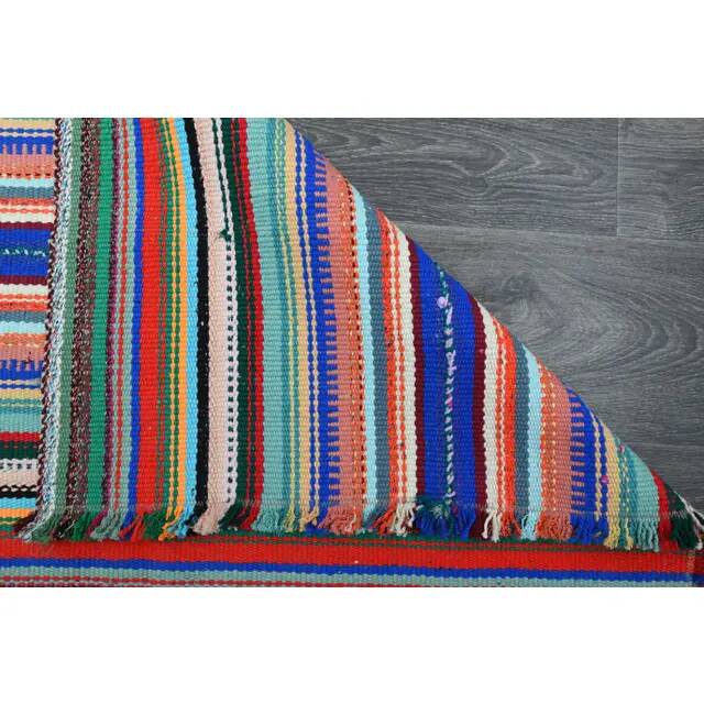 Vintage Turkish Oushak Handmade Wool Cotton Blue Pink Runner Rug 158x246