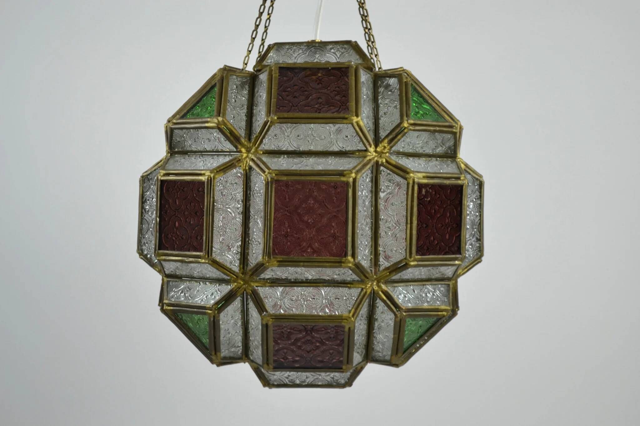 Multicolored Pressed Glass and Brass Pendant Lantern, Scandinavia, circa 1940s–1950s