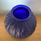 Ancien Vase Boule Art Déco Verre Moulé Bleu Tchèque Décoration Vintage