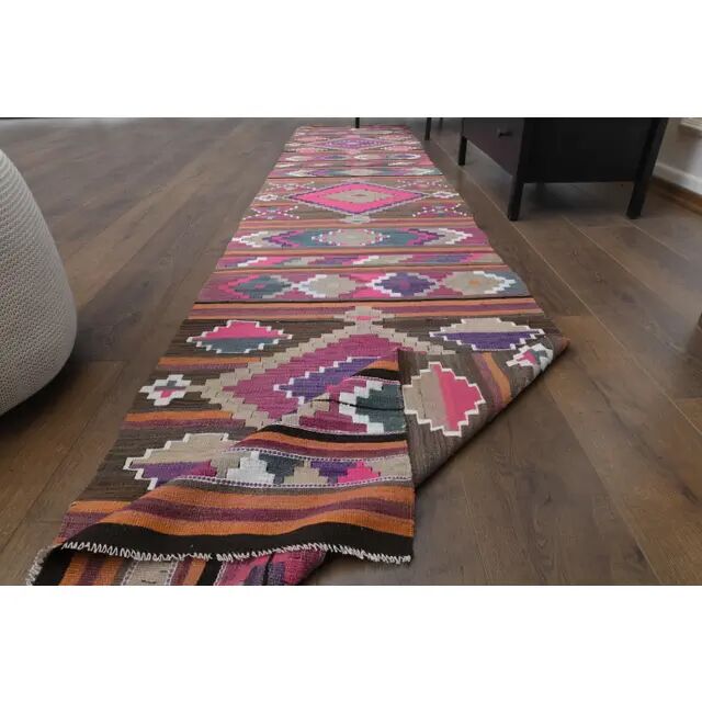 1970s Vintage Turkish Oushak Handmade Wool Cotton Pink Runner Rug 76x375