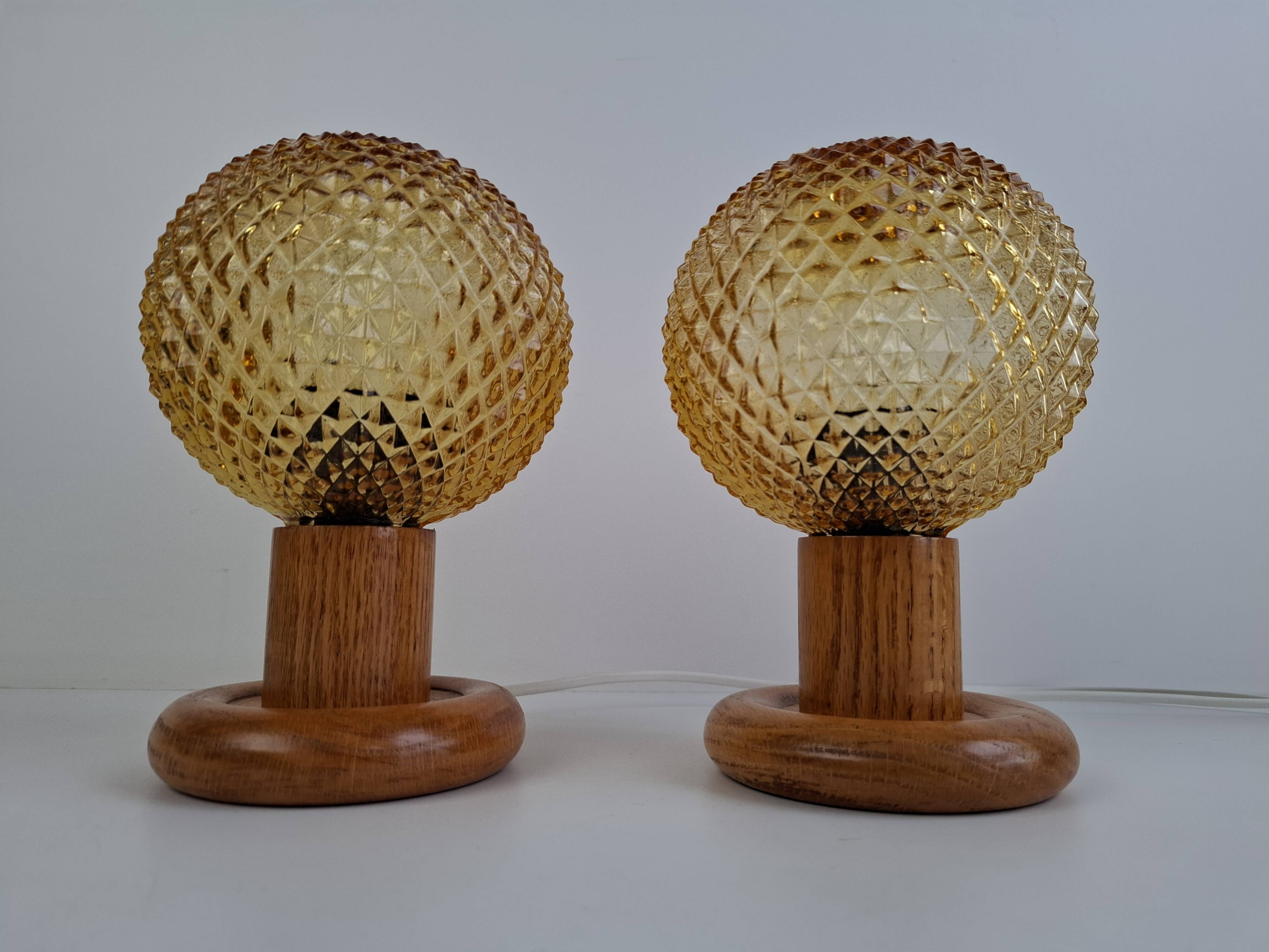 Pair of Mid-Century Table Lamps with Amber Glass and Wooden Base