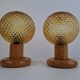 Pair of Mid-Century Table Lamps with Amber Glass and Wooden Base
