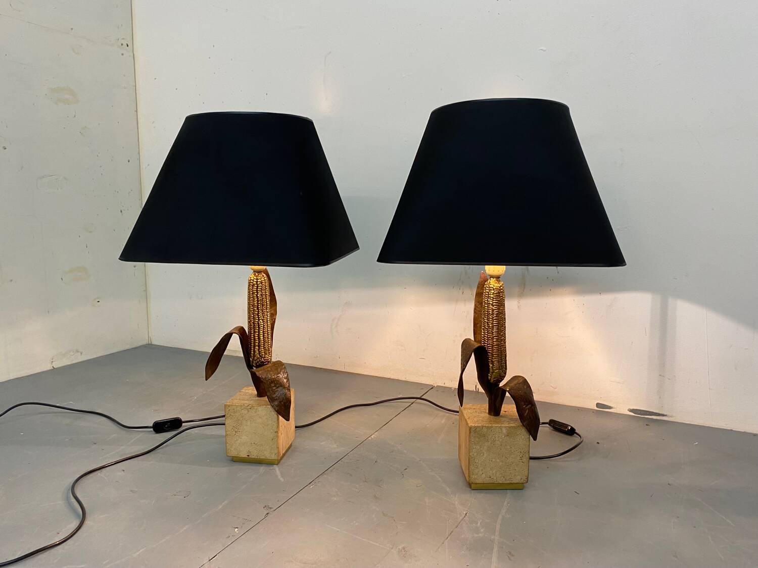 Vintage Bronze, Brass and Travertin Table Lamps in the manner of Maison Charles, 1970s, Set of 2
