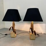 Vintage Bronze, Brass and Travertin Table Lamps in the manner of Maison Charles, 1970s, Set of 2