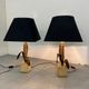 Vintage Bronze, Brass and Travertin Table Lamps in the manner of Maison Charles, 1970s, Set of 2