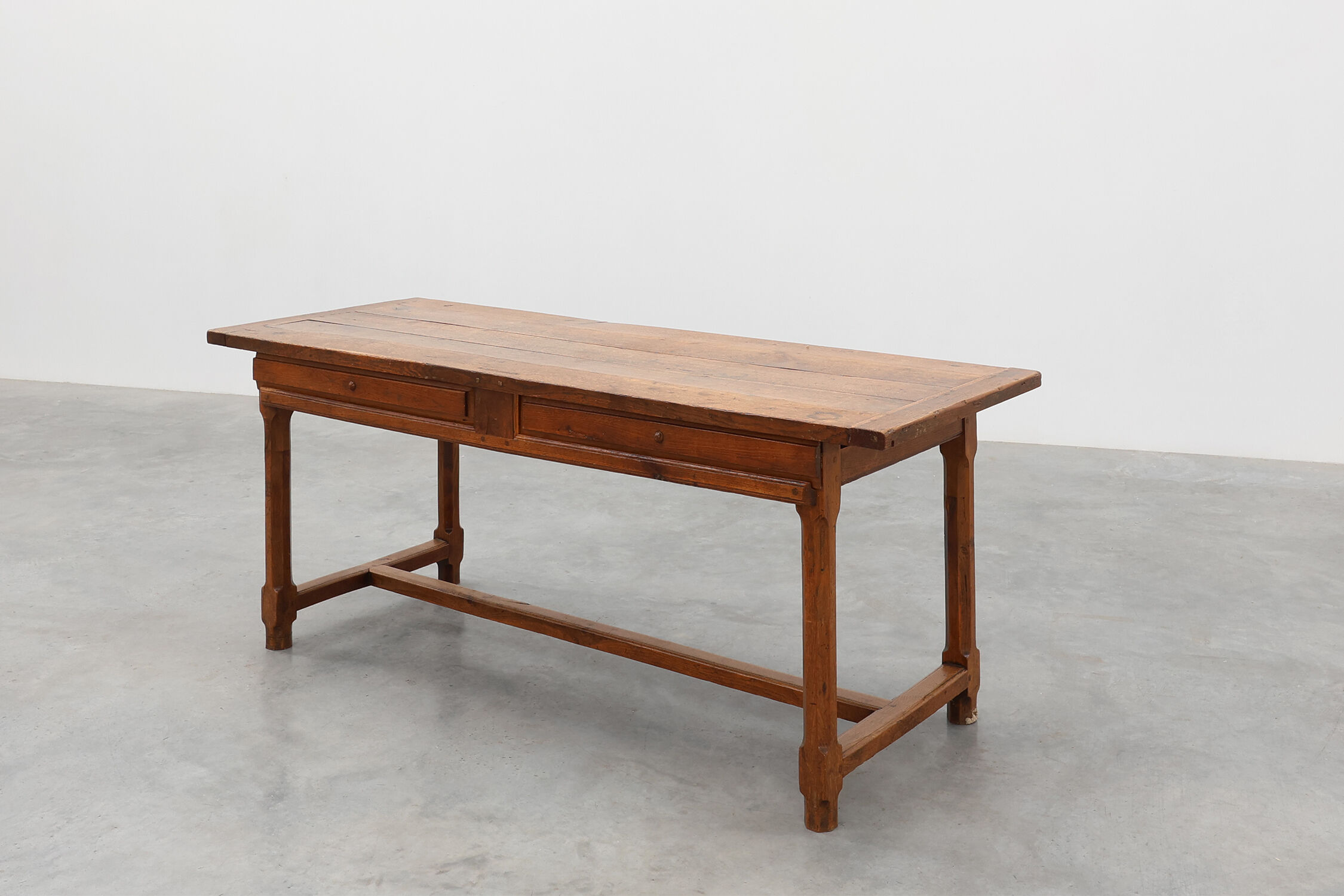 Rustic 19th century oak dinner table with drawers opening laterally, France