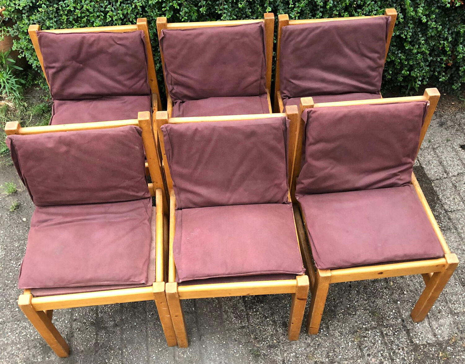 Set of 6 pine dining chairs sling seats canvas upholstery