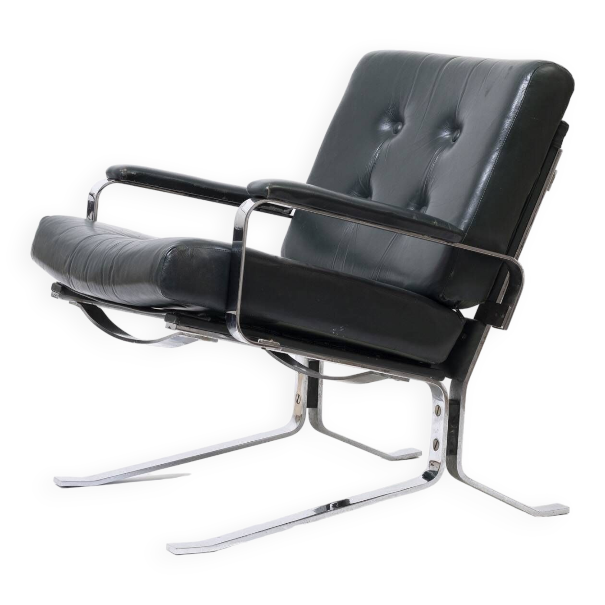 Green leather and chrome lounge chair, 1970s