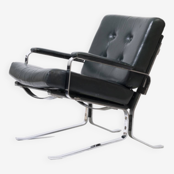 Fauteuil lounge en cuir vert et chrome, années 1970