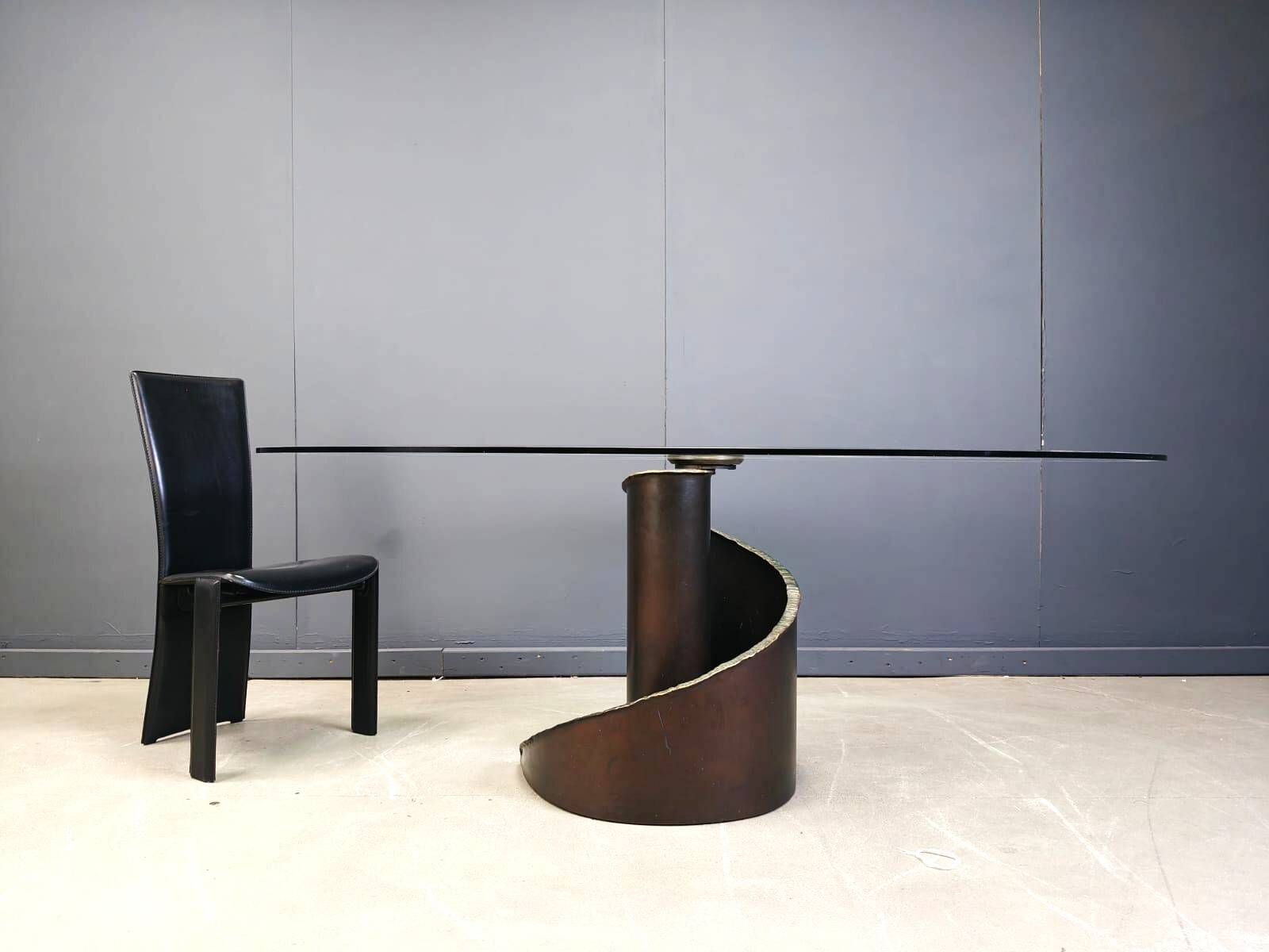 Table de salle à manger en verre et bronze de style brutaliste des années 1990, signée Barilone pour Roche B