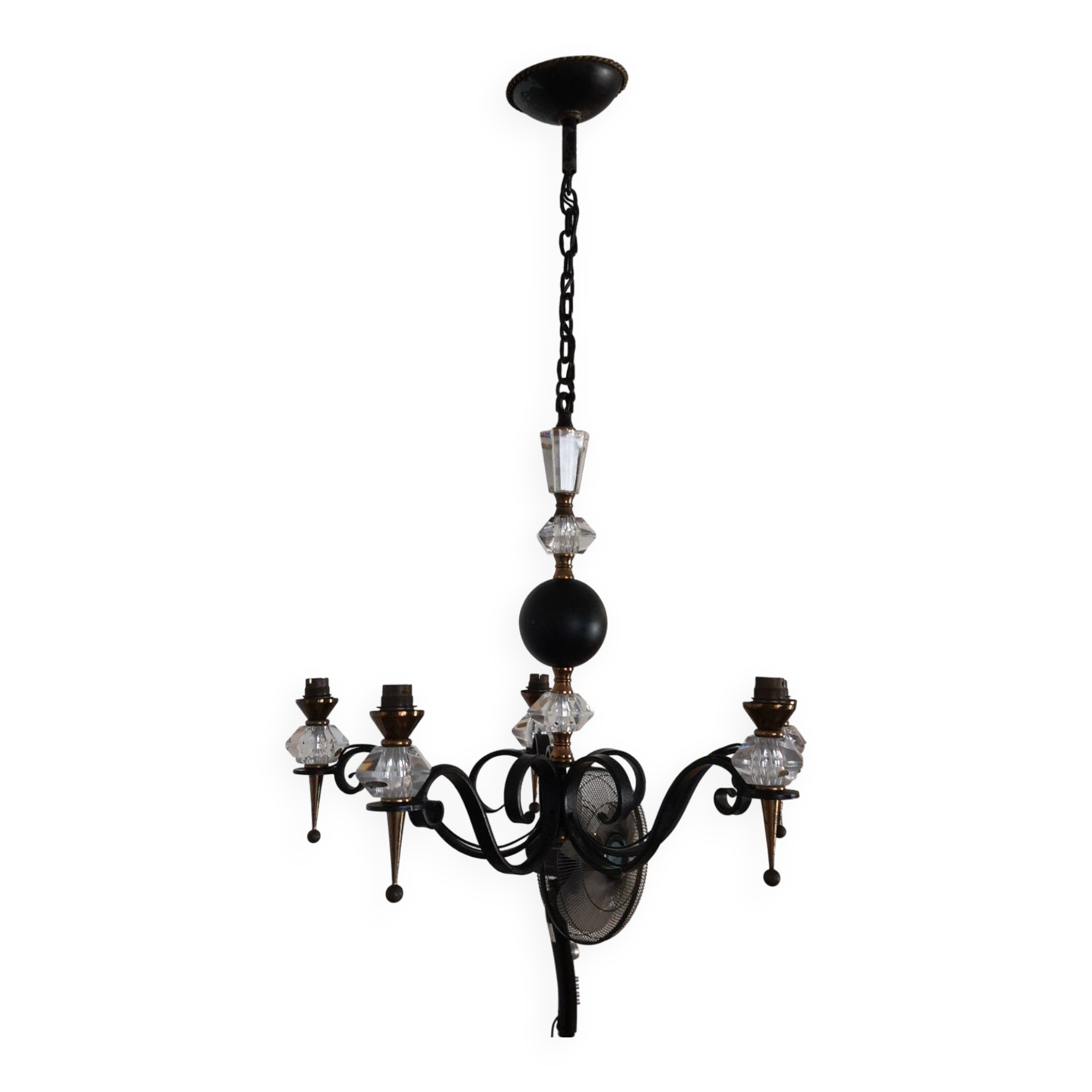 Lustre moderniste en fer forgé, laiton et cristal de Sèvres, 1950